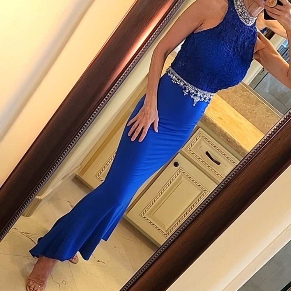 Blue Pearl & Rhinestoned Embellished Mermaid High-low Formal Dress, XS - Picture 2 of 16